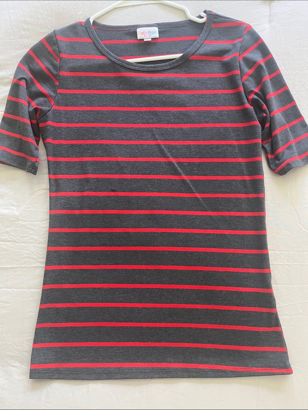 LuLaRoe Gray Tee with Pink Stripes - Short Sleeve